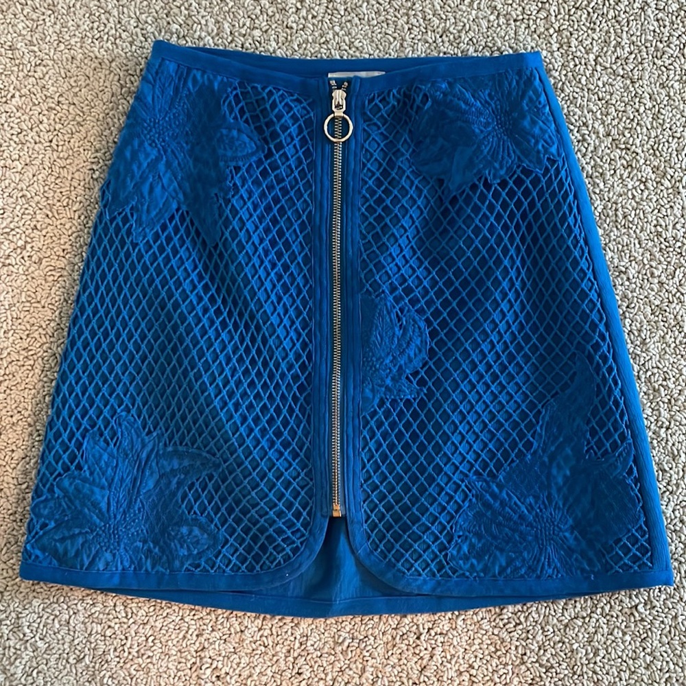 Anthropologie Blue Skirt Zipper Floral Mesh Design